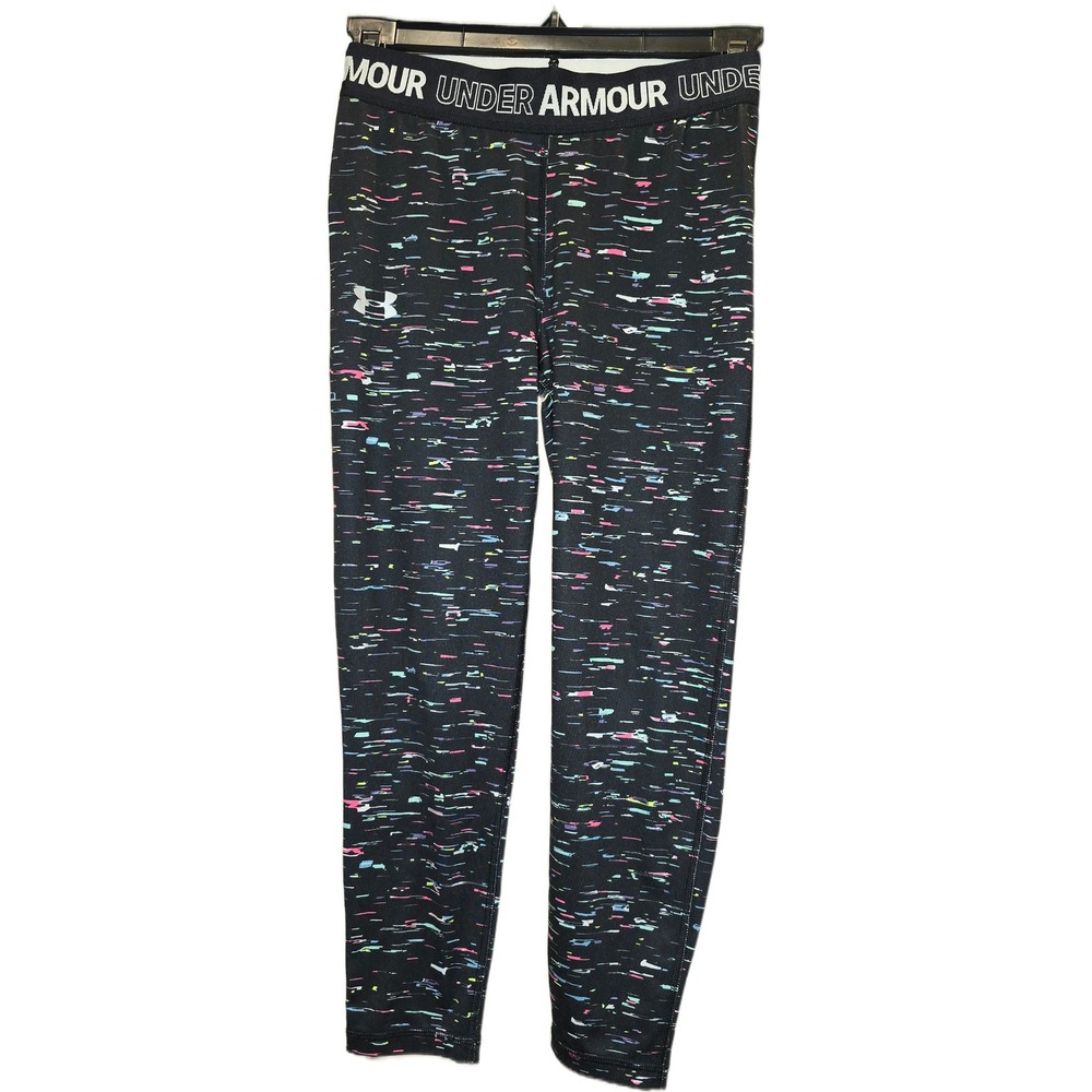 Under Armour Girls HeatGear Leggings Black Multi Color Dash Print Size Large YLG